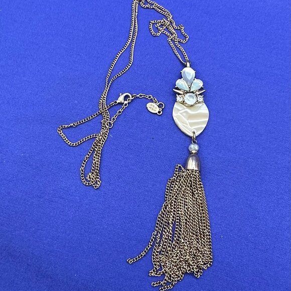 Long Jade & Jasper Gold-Tone Pendant Necklace Crystals & Tassel - Picture 10 of 10